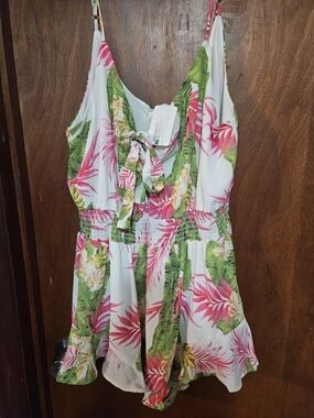 Caramel White Tropical Print One-Piece Romper with Pink & Green Leaves